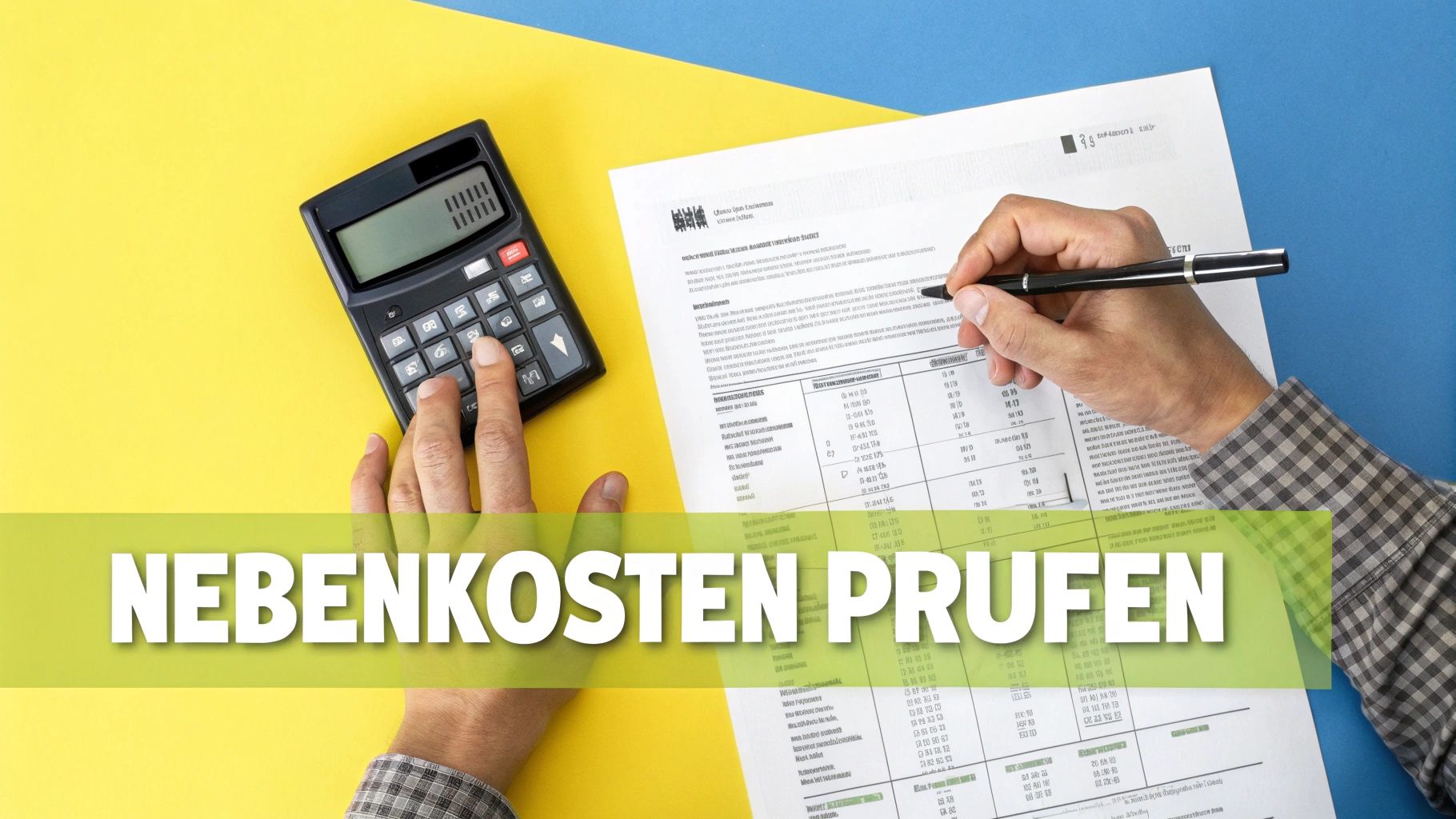 Eine Person prüft Nebenkostenabrechnungen mit Taschenrechner und Stift auf einem Schreibtisch.
