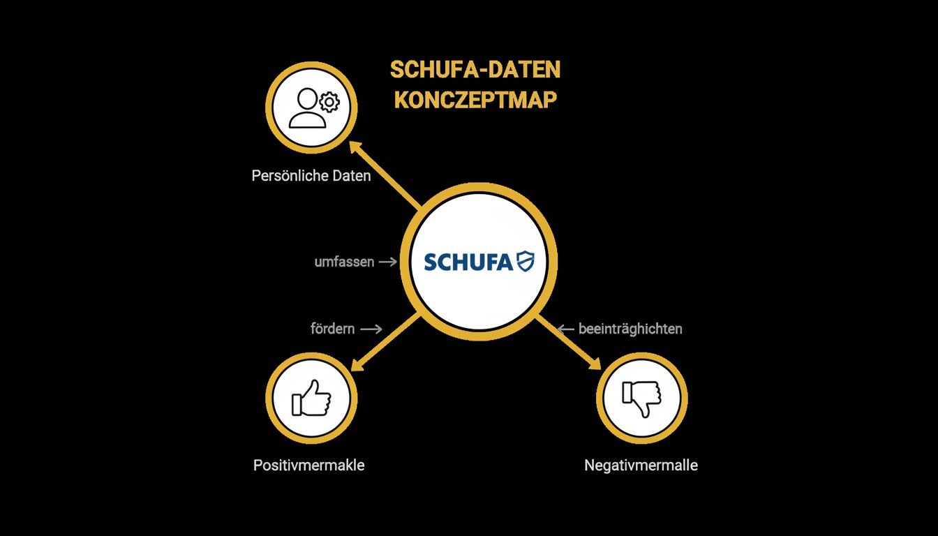 Konzeptmap zur SCHUFA, die persönliche Daten, Positivmerkmale und Negativmerkmale erläutert.