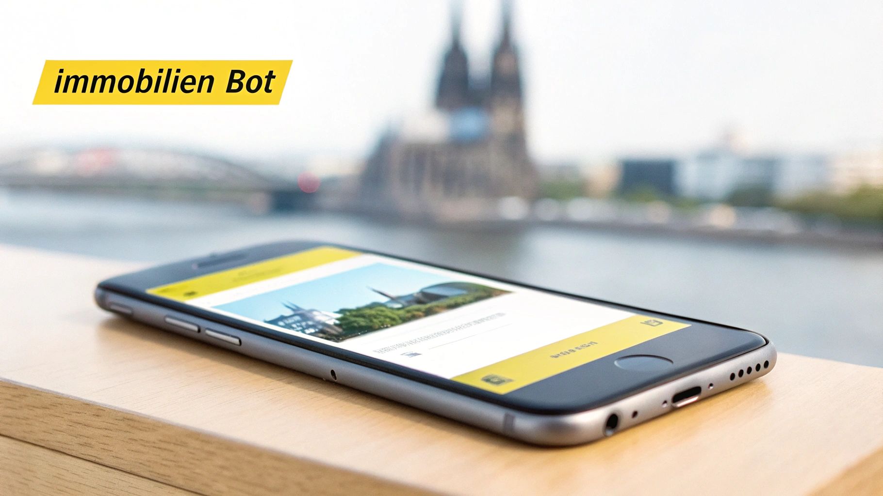 Smartphone zeigt die Immobilien Bot App vor der verschwommenen Kölner Skyline mit Dom und Rhein.