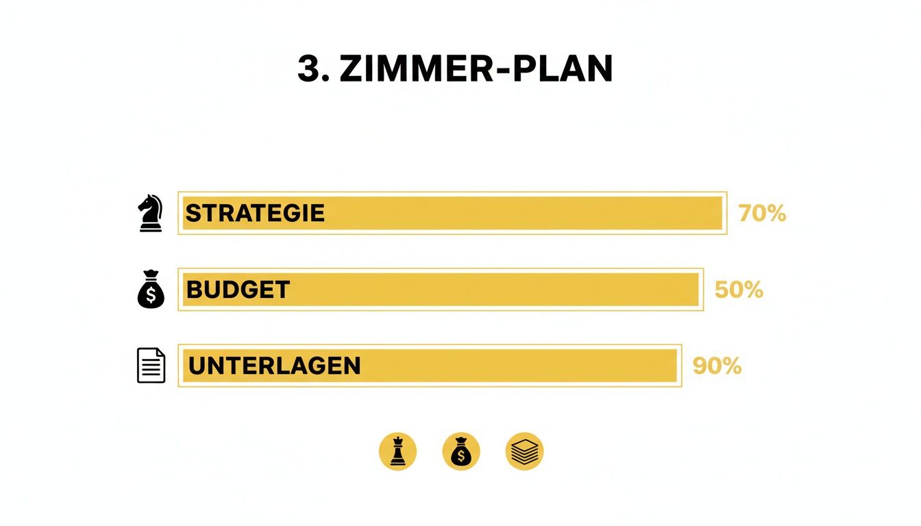 Infografik zeigt den Fortschritt für Strategie (70%), Budget (50%) und Unterlagen (90%) in einem 3-Zimmer-Plan.