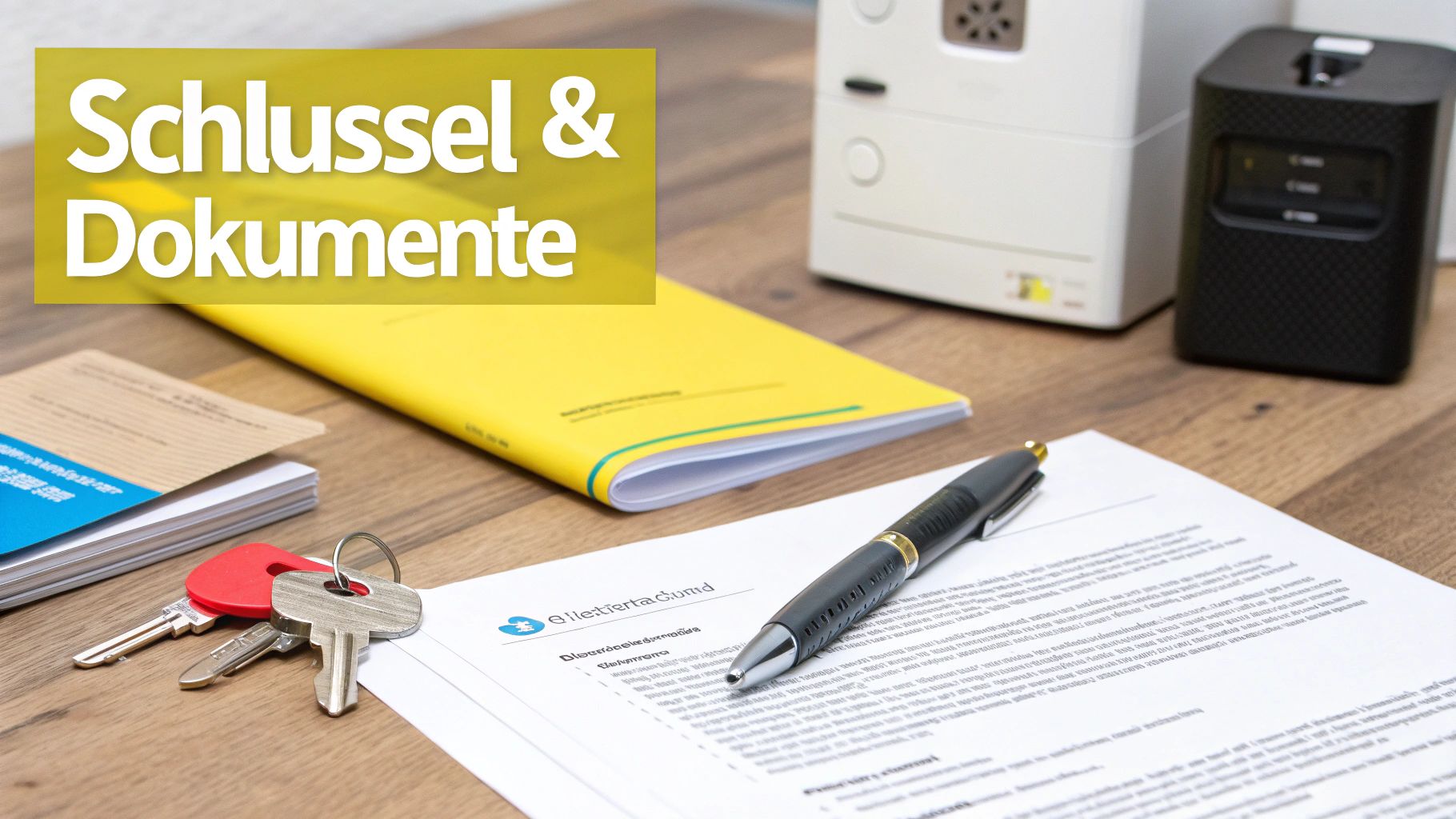 Schlüssel, Dokumente, Stift und Ordner auf einem Holztisch, bereit zur Wohnungsübergabe.