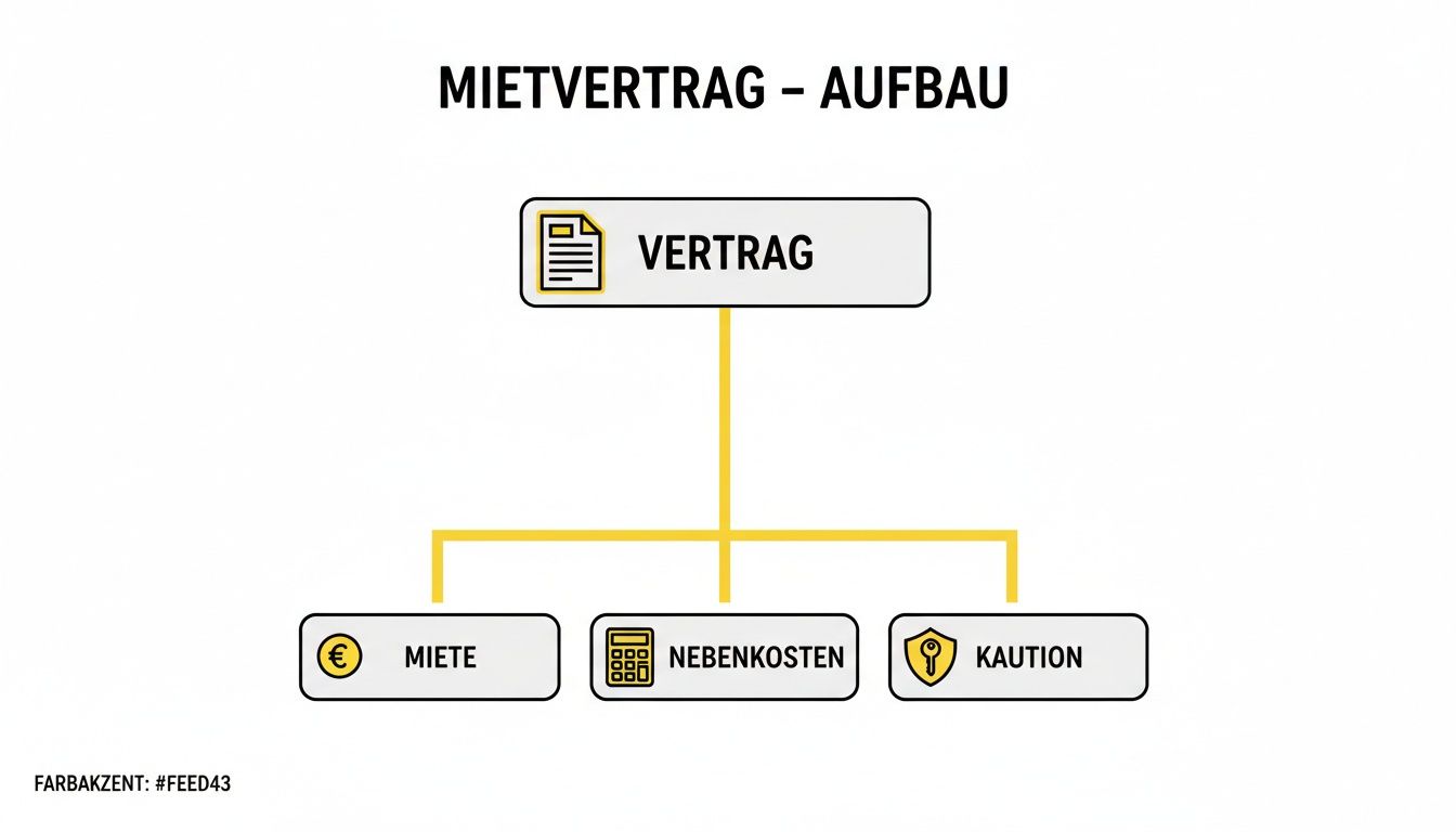Diagramm zum Aufbau eines Mietvertrags mit den Elementen Vertrag, Miete, Nebenkosten und Kaution.