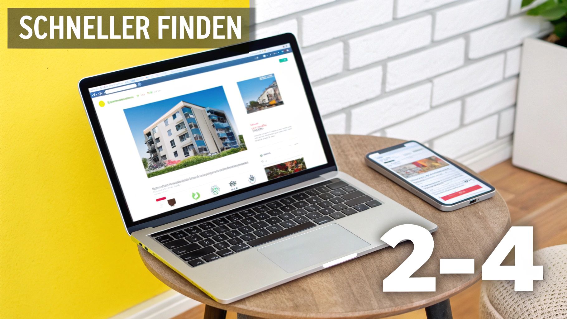 Laptop und Smartphone auf Holztisch zeigen Immobilienangebote. 'SCHNELLER FINDEN' weist auf schnelle Immobiliensuche hin.