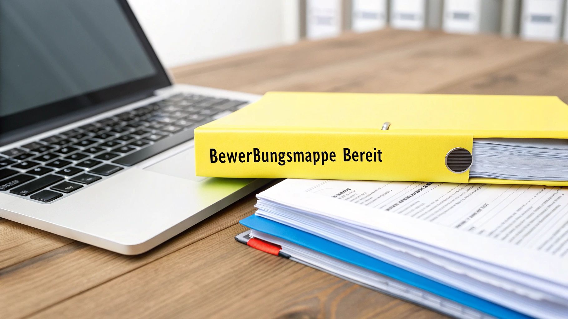 Ein Laptop, ein gelber Ordner mit der Aufschrift 'BewerBungsmappe Bereit' und Dokumente auf einem Holztisch.