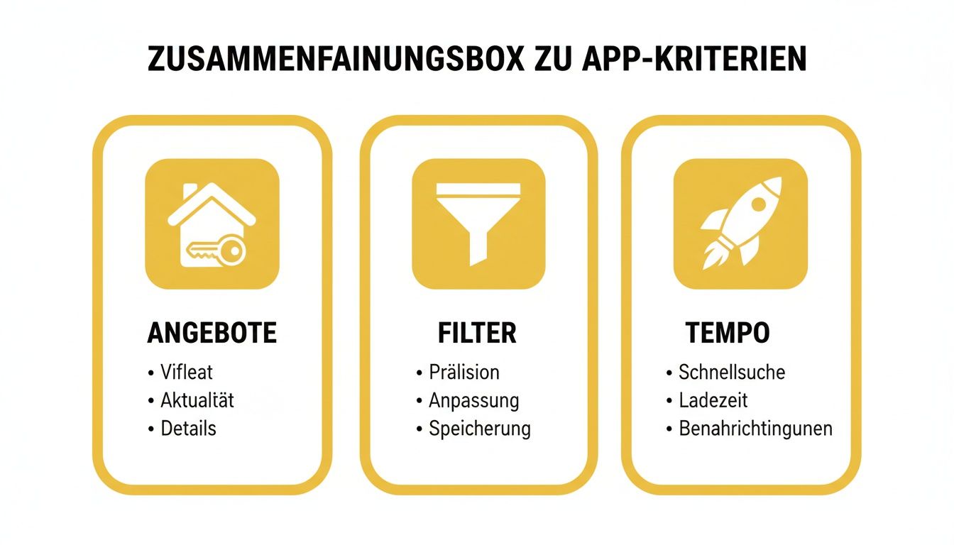 Übersicht zu App-Kriterien mit den Kategorien Angebote, Filter und Tempo, jeweils mit detaillierten Punkten.