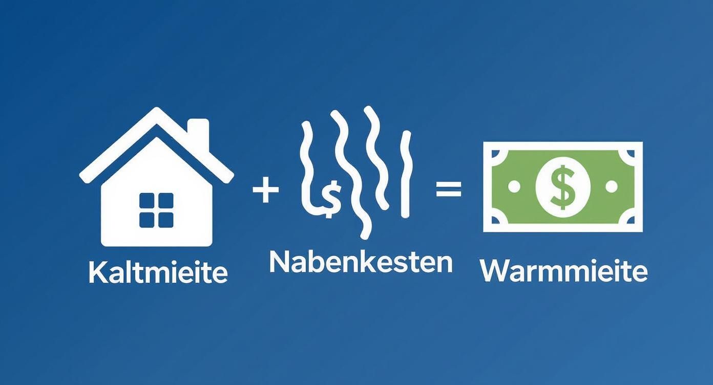 Darstellung der Mietzusammensetzung: Kaltmiete plus Nebenkosten ergeben die Warmmiete, illustriert mit Icons und Text.