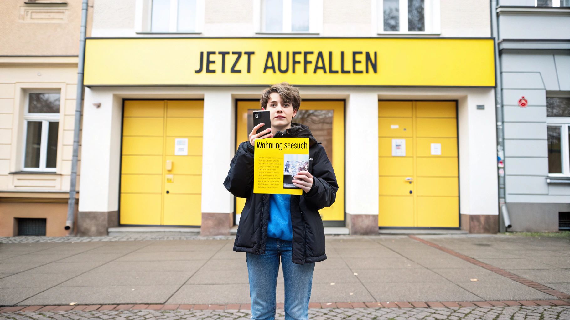 Junge Frau mit Wohnungsgesuch-Flyer vor gelbem Geschäft mit JETZT AUFFALLEN Schild in Berlin