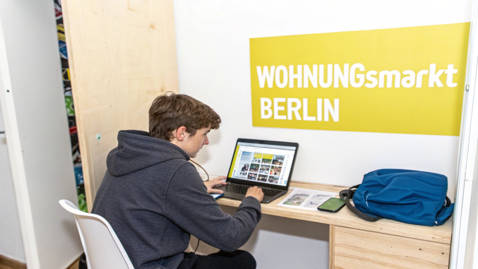 Junger Mann sucht auf einem Laptop am Schreibtisch Wohnungen im Wohnungsmarkt Berlin.