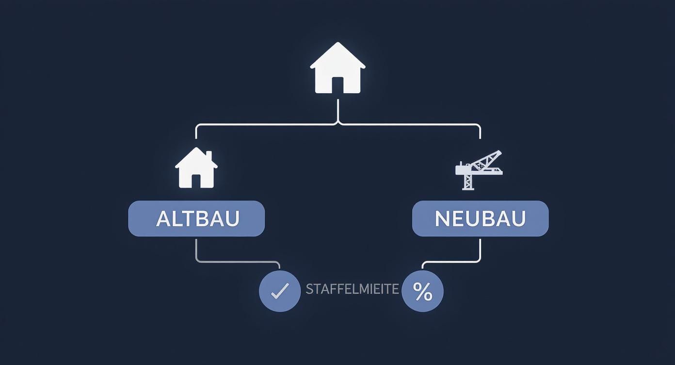 Übersicht über Altbau und Neubau, Staffelmiete und prozentuale Mietanpassung in einem Flussdiagramm.