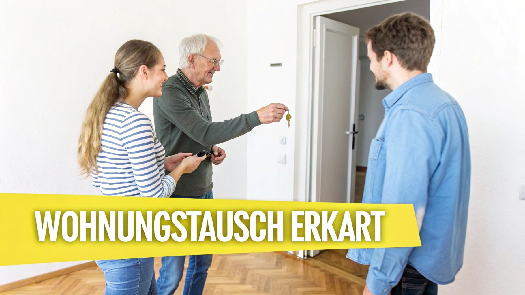 Ein älterer Mann übergibt jungen Leuten Schlüssel bei einem Wohnungstausch in einer hellen Wohnung.