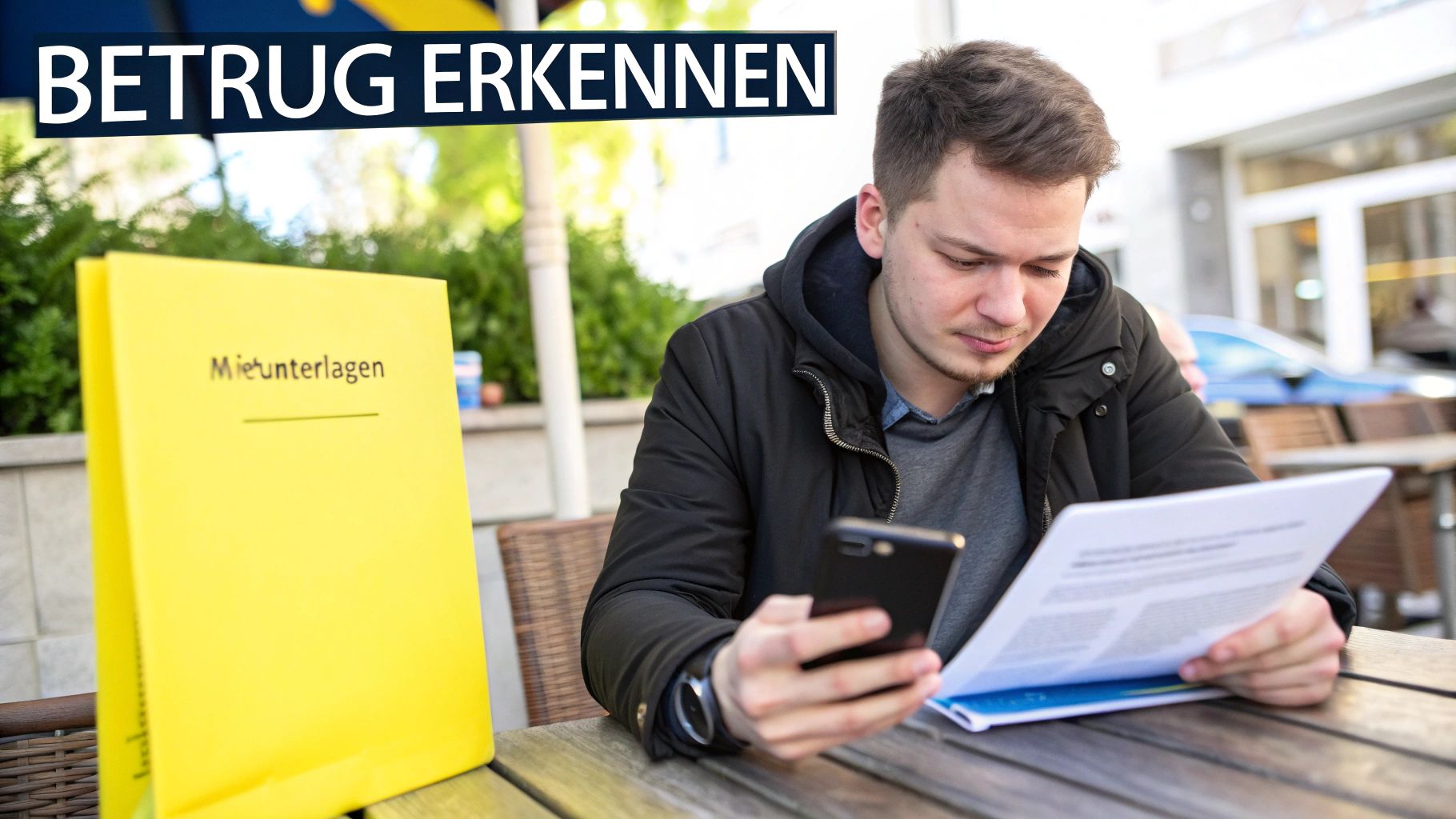Junger Mann prüft Mietunterlagen und Smartphone am Tisch, im Hintergrund der Text "BETRUG ERKENNEN".