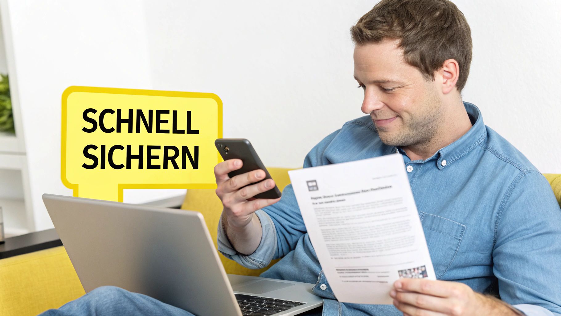 Ein Mann auf dem Sofa erledigt schnell finanzielle Angelegenheiten mit Handy und Laptop.