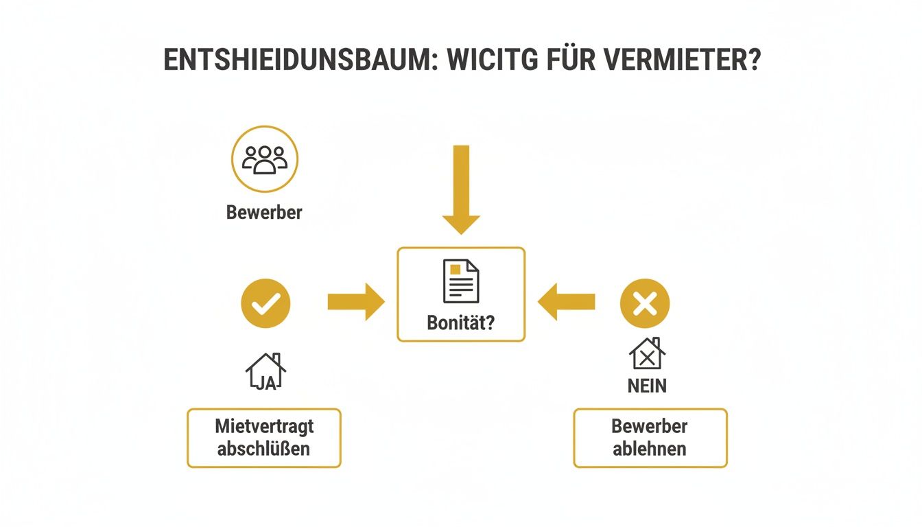 Entscheidungsbaum für Vermieter: Bewerber werden auf Bonität geprüft, um einen Mietvertrag abzuschließen oder abzulehnen.
