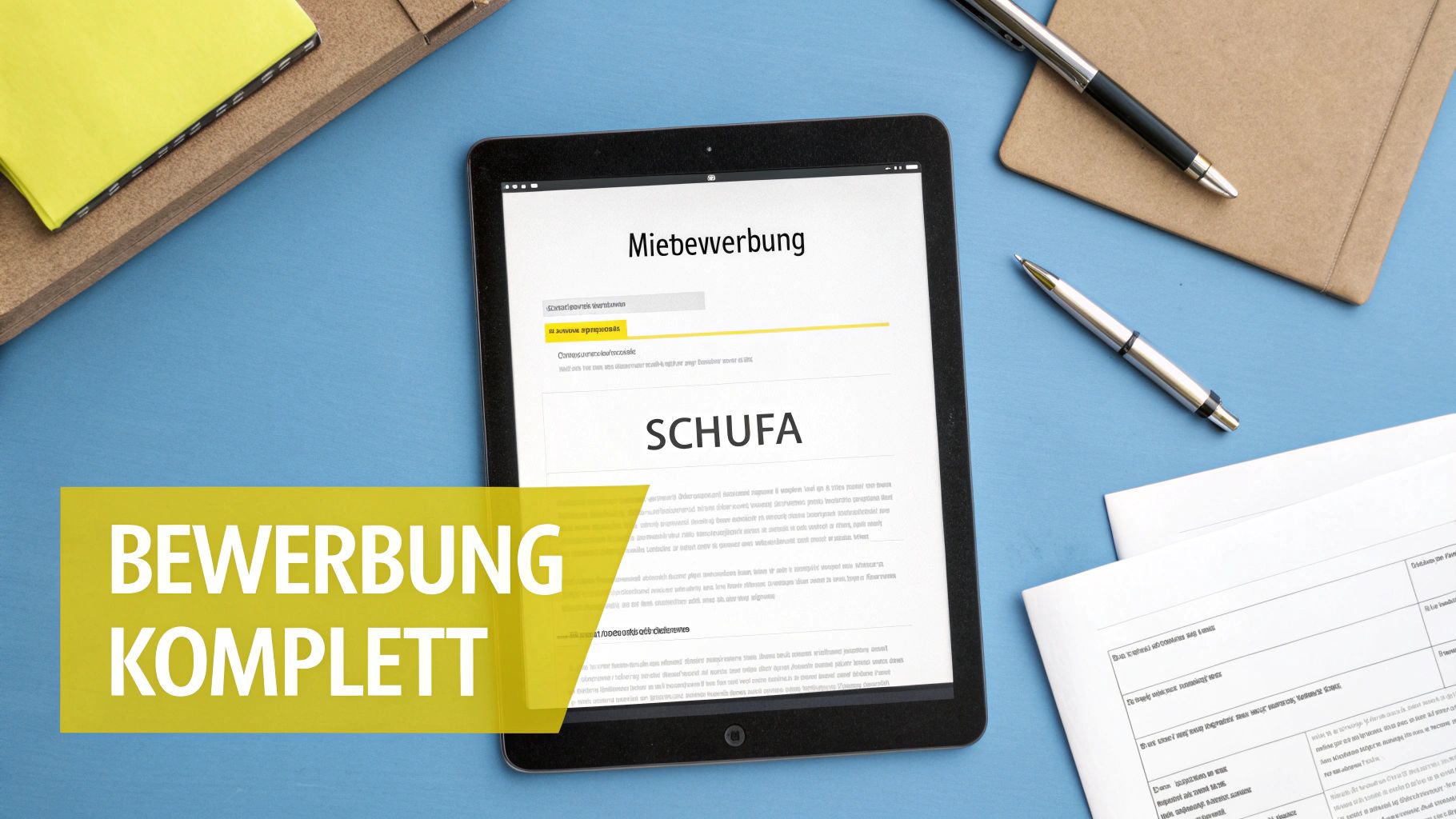 Eine gut strukturierte Bewerbungsmappe liegt auf einem Holztisch, daneben ein Stift und eine Tasse Kaffee.