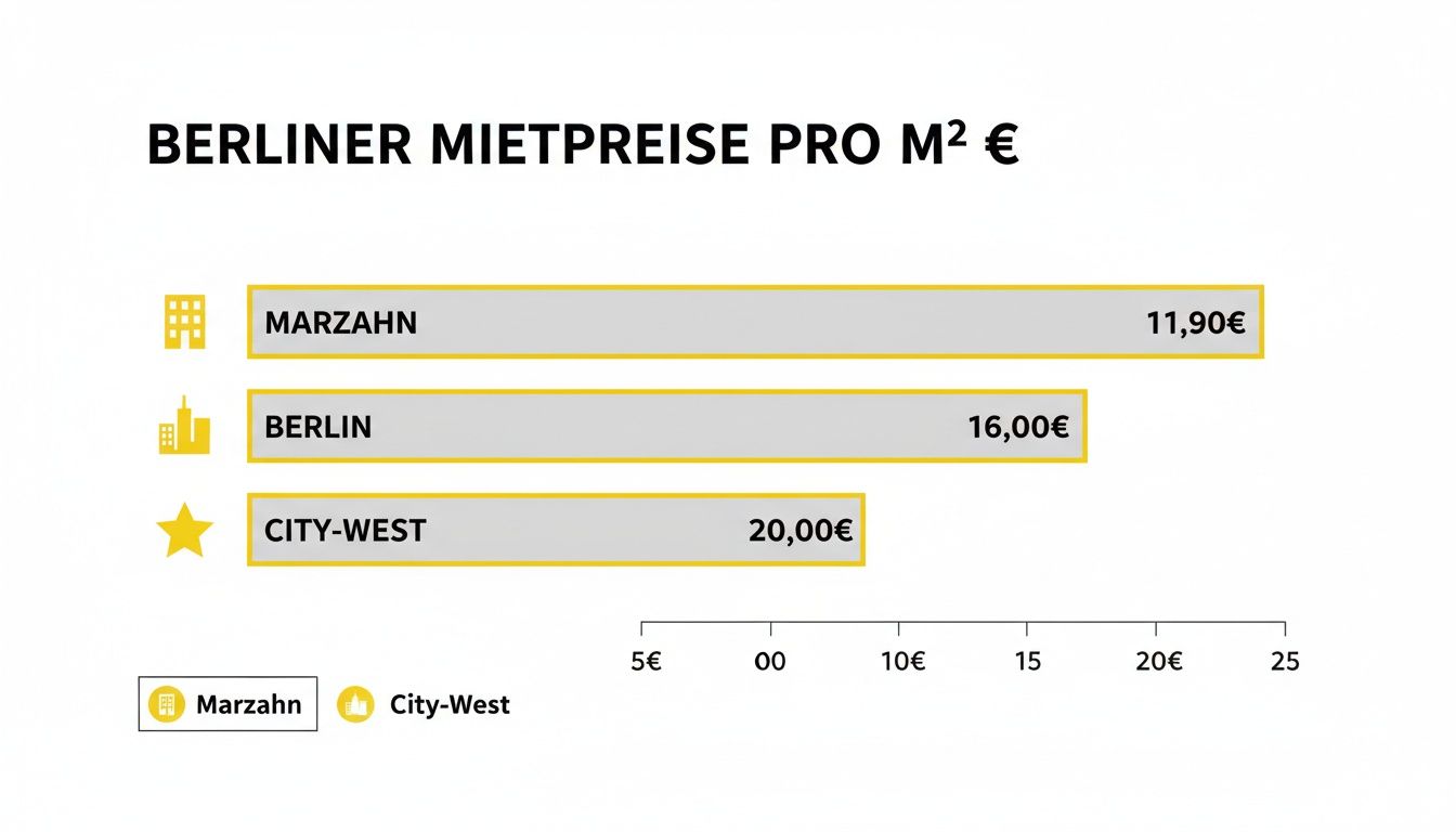 Balkendiagramm Berliner Mietpreise pro Quadratmeter für Marzahn, Berlin und City-West mit Kosten.