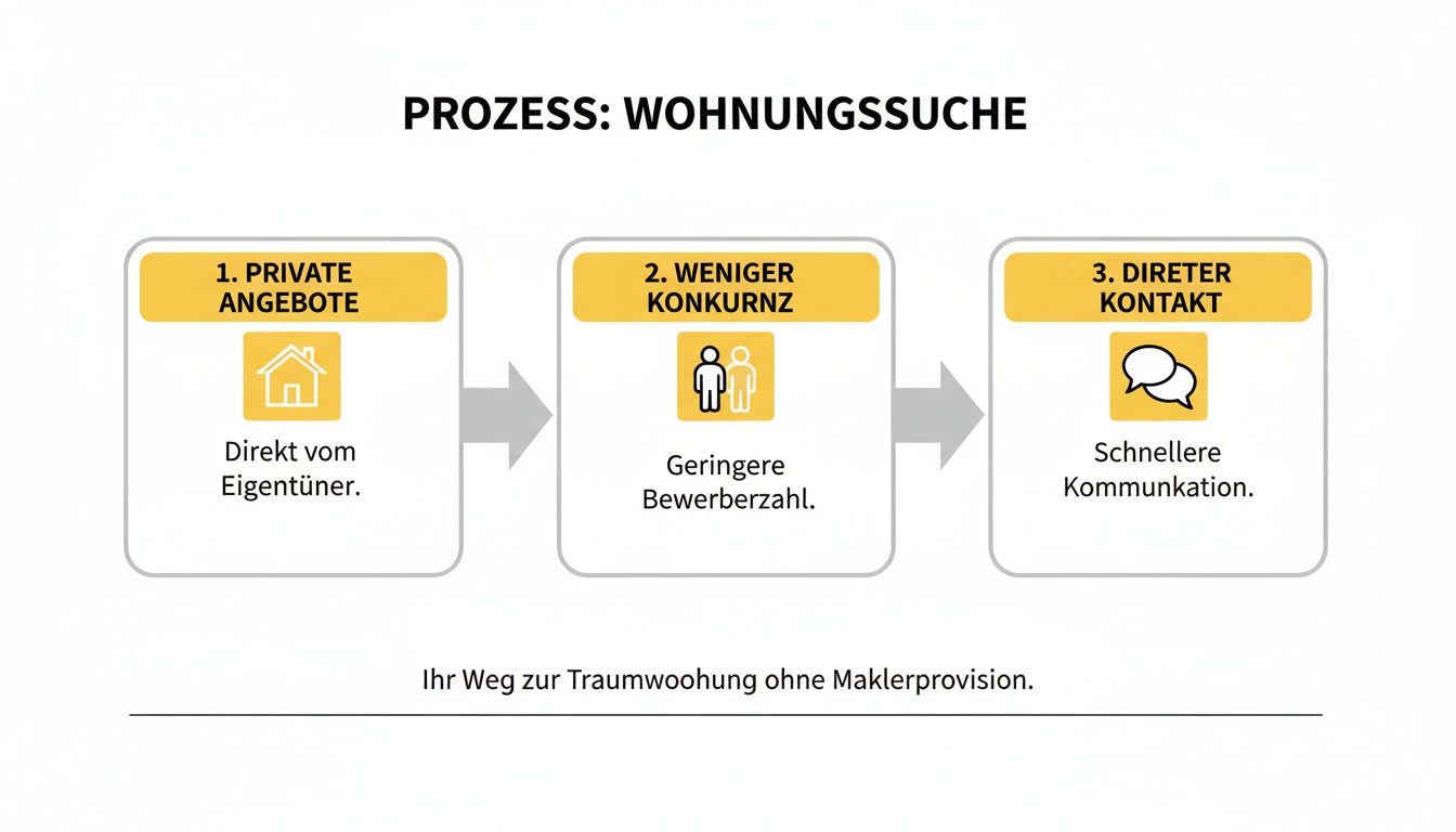 Prozess der Wohnungssuche: Private Angebote, weniger Konkurrenz und direkter Kontakt zur Traumwohnung ohne Maklerprovision.