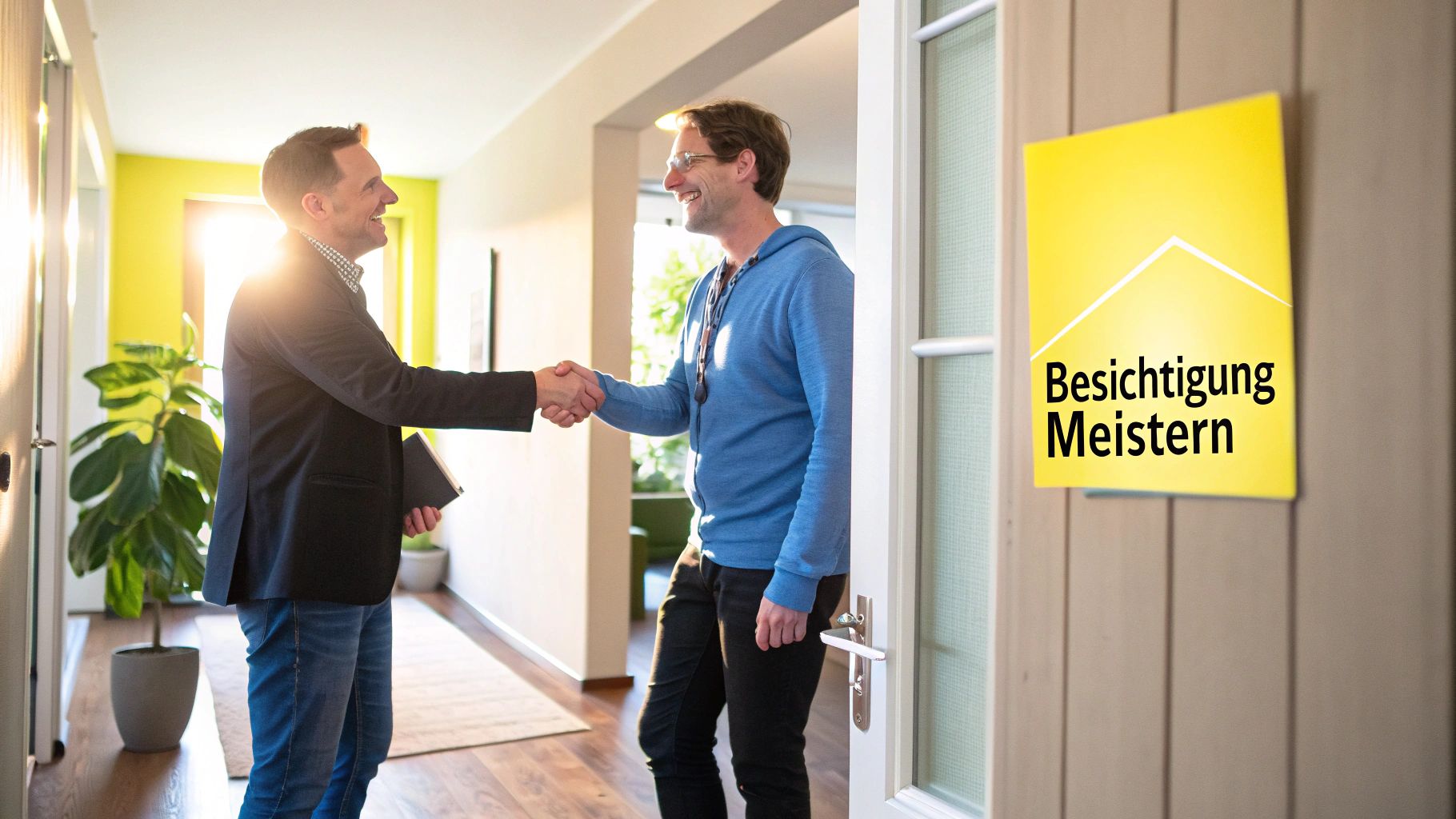 Eine Person übergibt bei einer Wohnungsbesichtigung freundlich ihre Bewerbungsunterlagen an einen Makler.