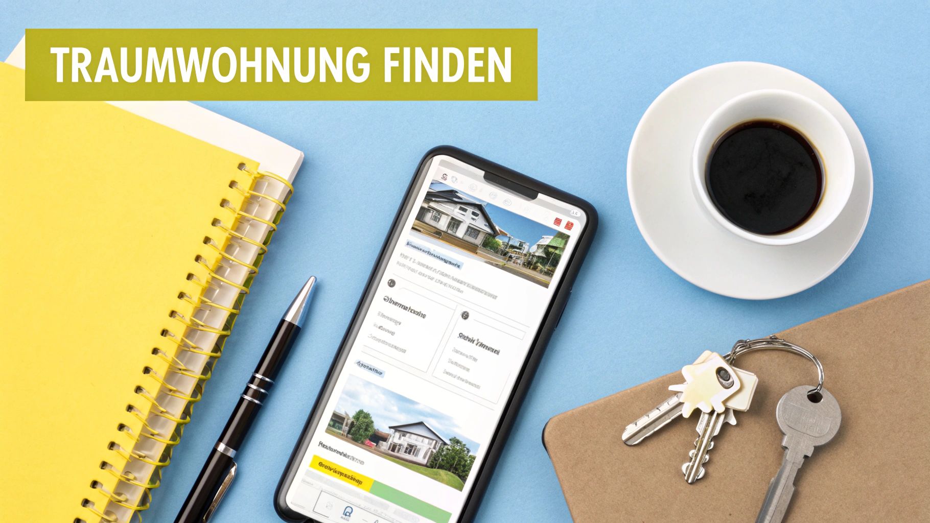 Ein Flatlay mit Notizbuch, Stift, Smartphone mit Immobilien-App, Kaffee und Schlüsseln zum Thema Traumwohnung finden.