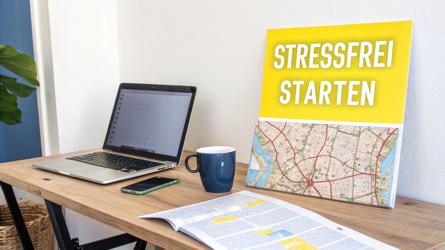 Arbeitsplatz mit Laptop, Smartphone, blauer Tasse und einem inspirierenden Schild 'STRESSFREI STARTEN'.