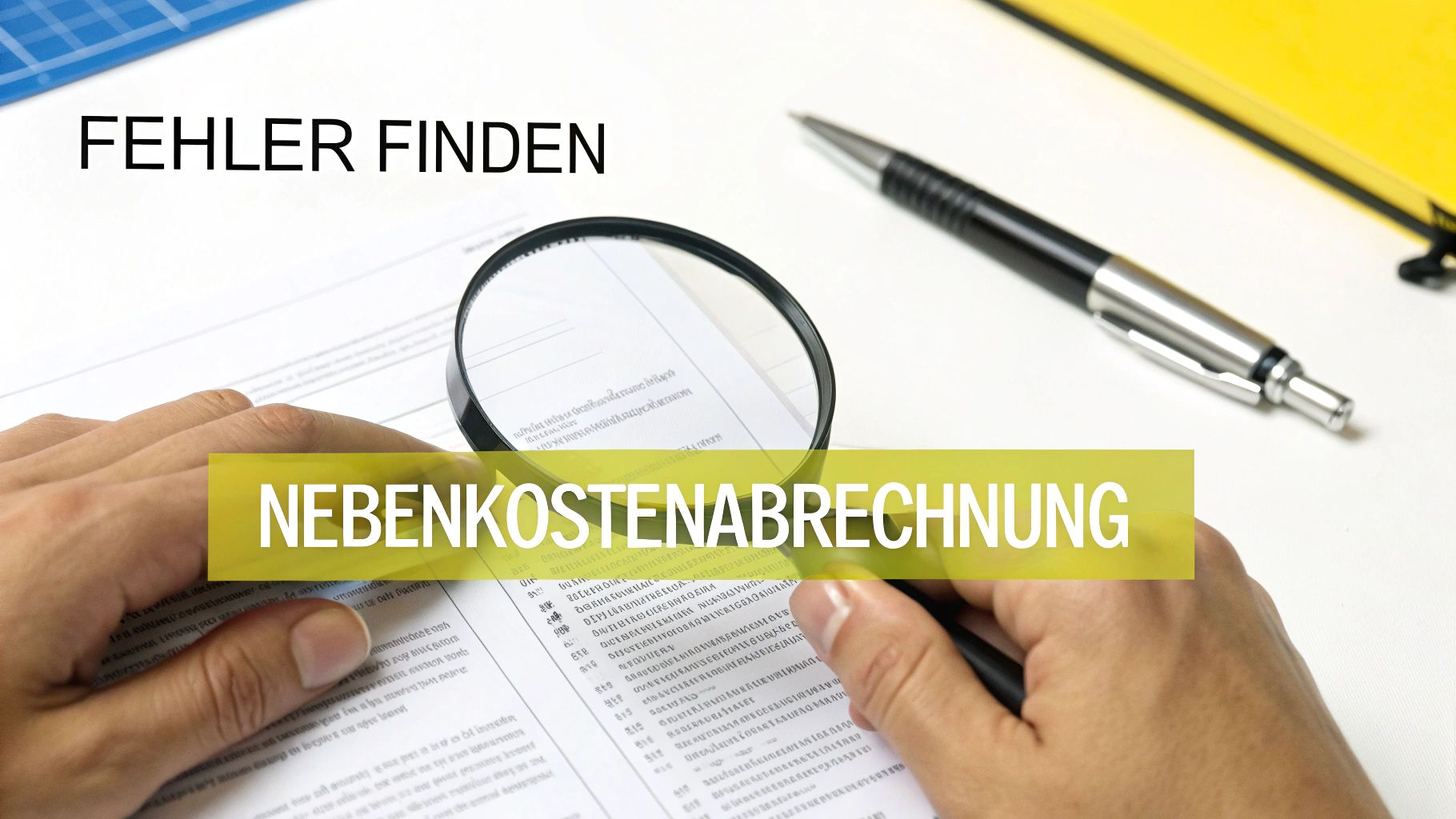 Hände untersuchen eine Nebenkostenabrechnung mit einer Lupe, um Fehler zu finden.