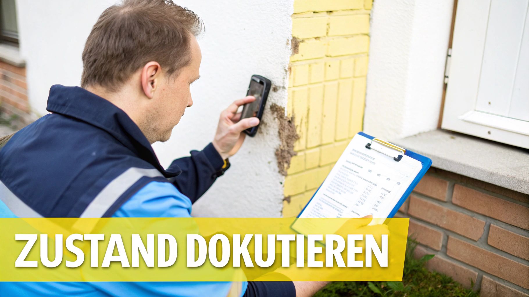 Ein Mann in Arbeitskleidung dokumentiert mit Smartphone und Klemmbrett den Zustand einer Hauswand.