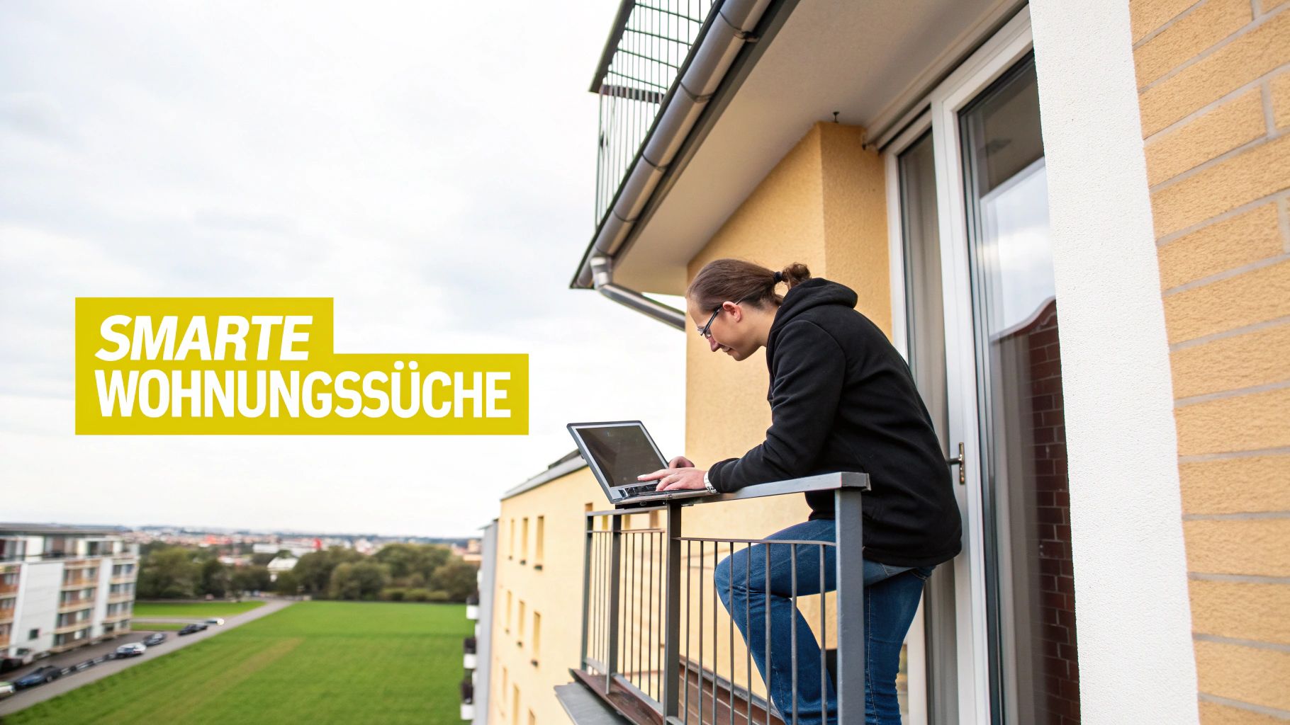 Eine Person nutzt auf ihrem Smartphone eine Immobilien-App, um nach Wohnungen zu suchen, während im Hintergrund eine Stadtansicht zu sehen ist.