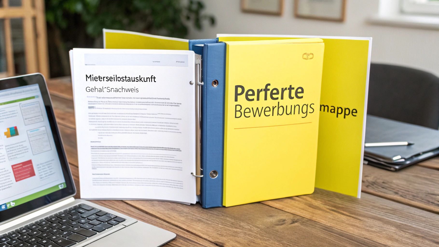 Auf einem Holztisch liegen ein Laptop, ein Ordner mit Dokumenten wie einer Mieterselbstauskunft und einer perfekten Bewerbungsmappe.