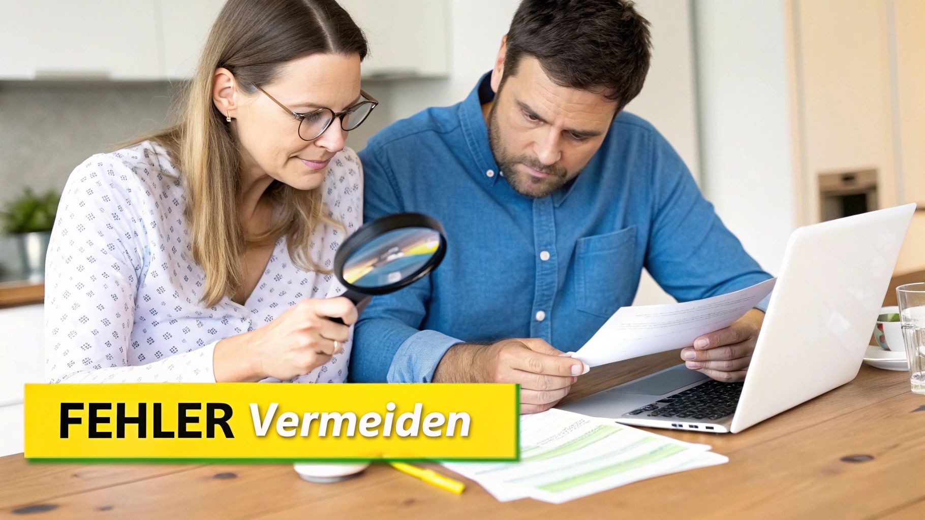Ein Paar überprüft sorgfältig Dokumente am Tisch, die Frau verwendet eine Lupe, der Mann liest Papiere. Text: Fehler Vermeiden.