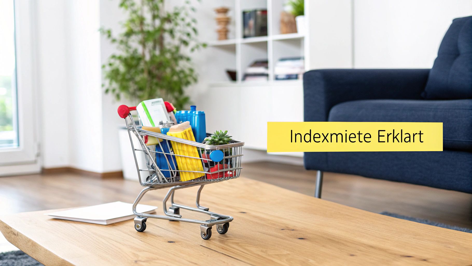 Ein Mini-Einkaufswagen mit Haushaltsartikeln und einem kleinen Kaktus, daneben ein Banner mit 'Indexmiete Erklärt'.
