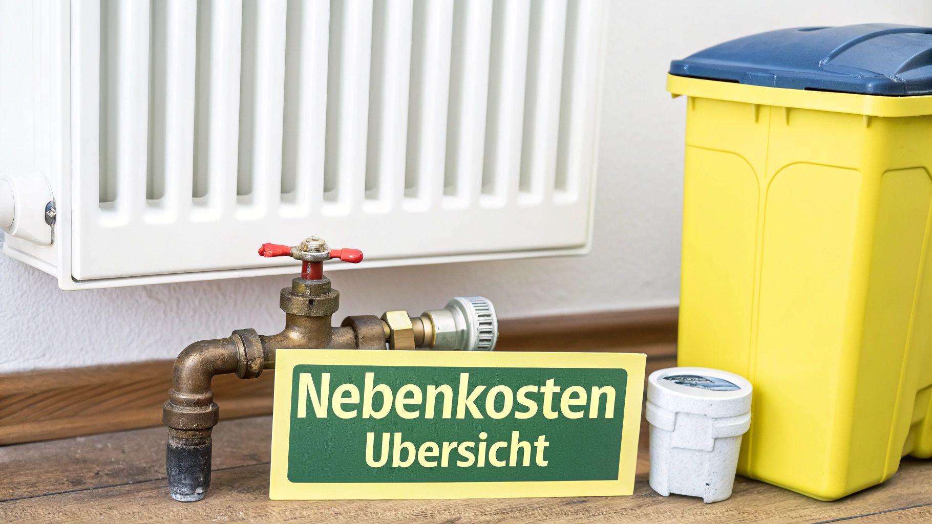 Eine Übersicht über Nebenkosten, dargestellt durch Heizung, Wasserzähler und Müllbehälter auf dem Boden.