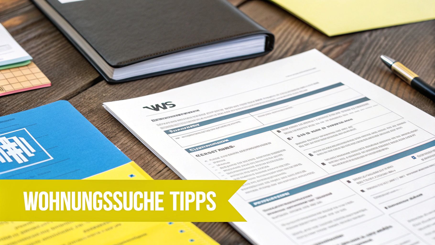 Dokumente und Ordner auf einem Holztisch mit gelbem Banner 'Wohnungssuche Tipps' für Immobiliensuche.