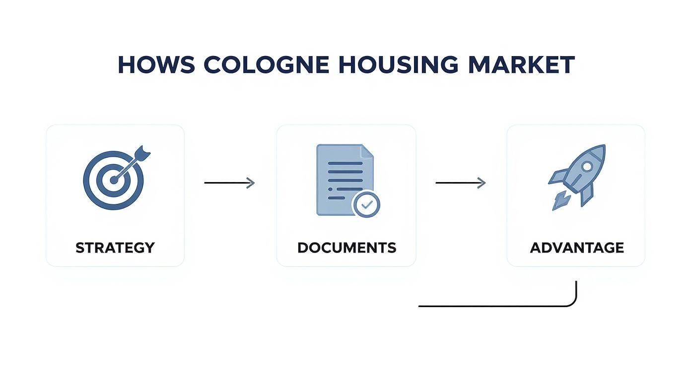 Infografik, die den Prozess der Wohnungssuche in Köln in den Schritten Strategie, Unterlagen und Vorsprung darstellt.