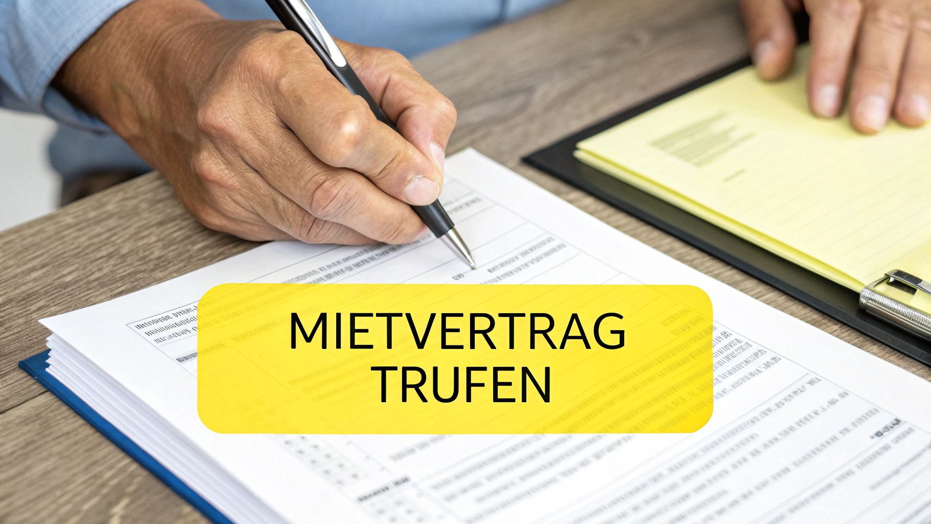 Eine Person unterzeichnet einen Mietvertrag mit einem Stift auf einem Dokument, neben einem Notizblock.