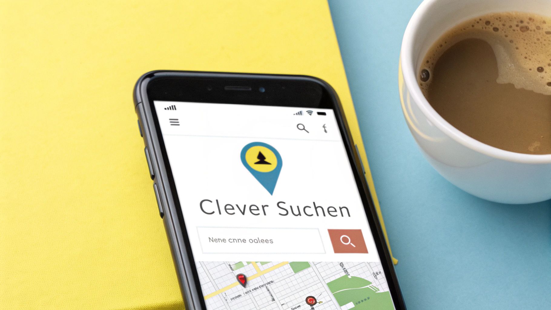 Smartphone zeigt Such-App 'Clever Suchen' mit Karte und Kaffeetasse auf gelb-blauem Hintergrund.