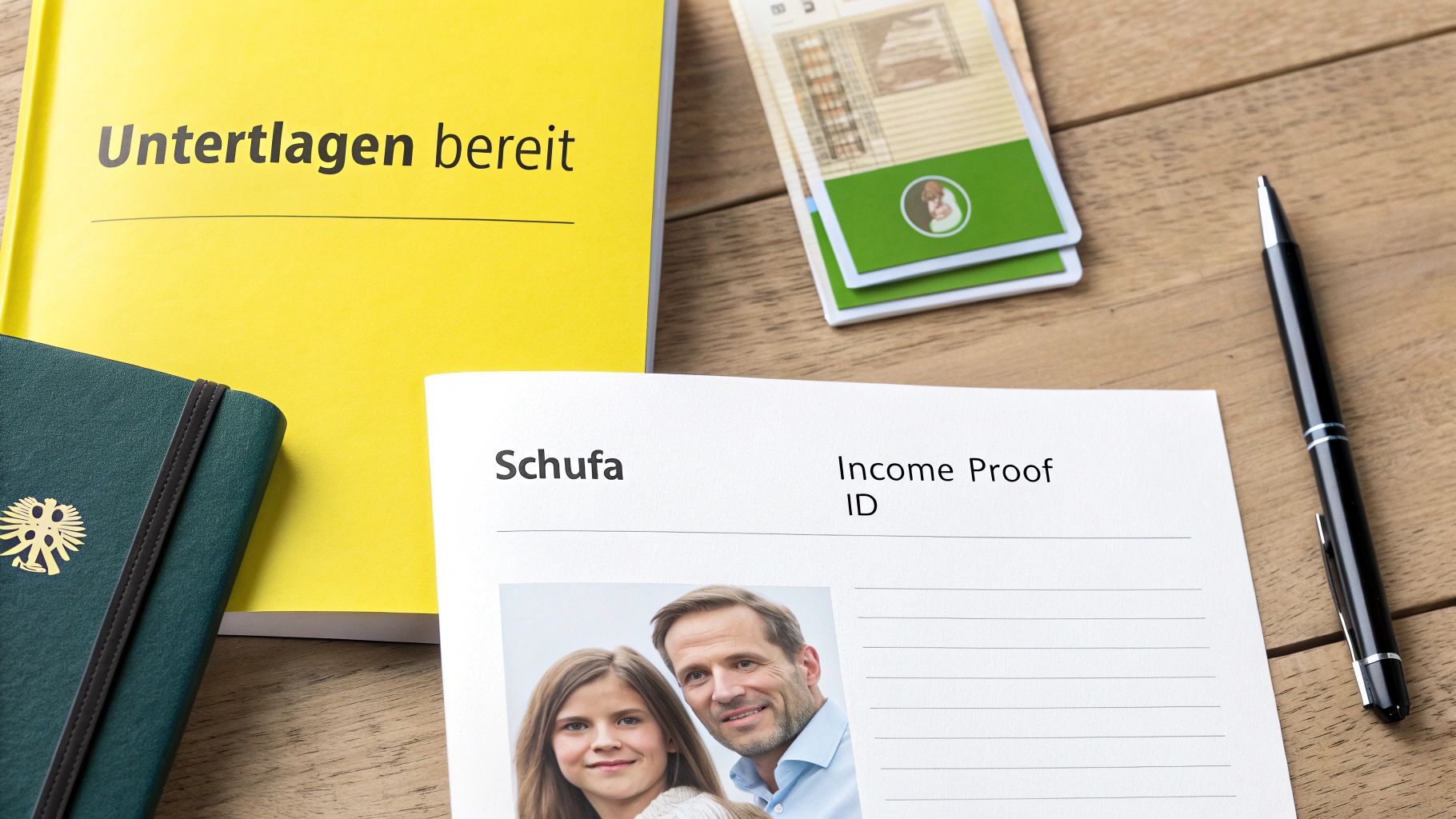 Dokumente für Wohnungssuche: Schufa-Auskunft, Einkommensnachweis, Unterlagen bereit auf Holztisch.