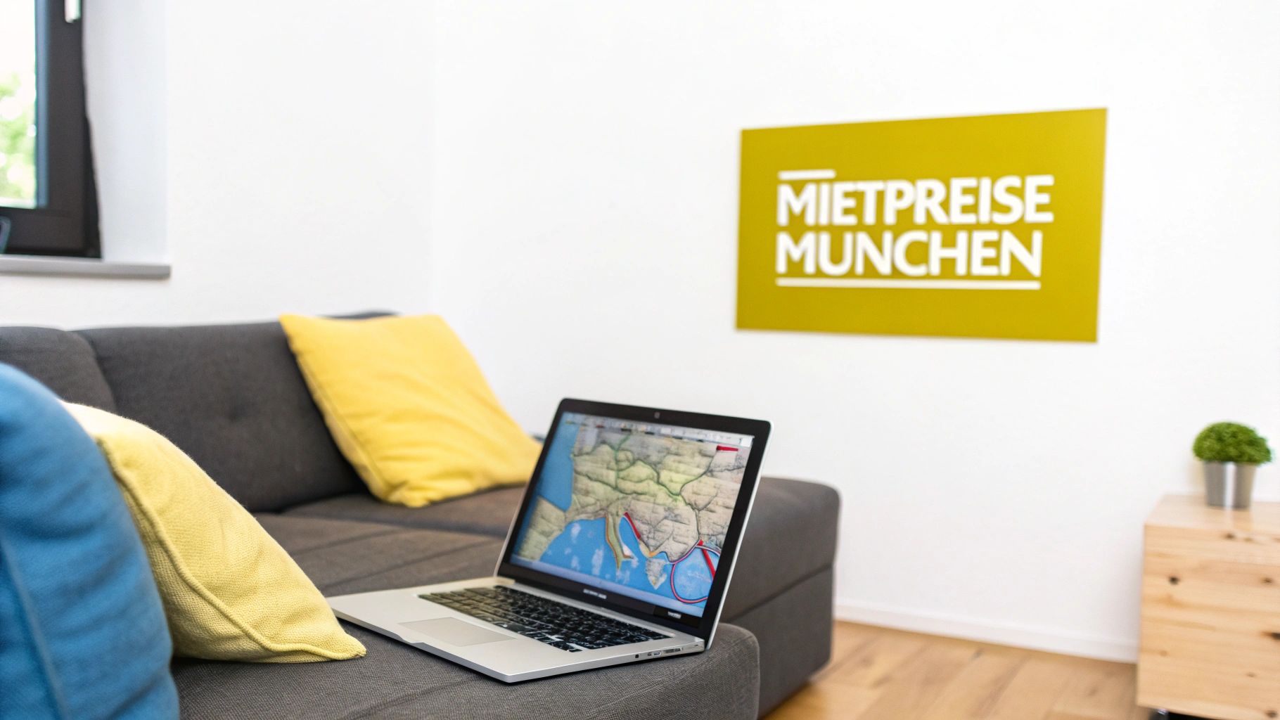 Laptop auf einem grauen Sofa mit gelben Kissen, während ein Schild "Mietpreise München" an der weißen Wand hängt.