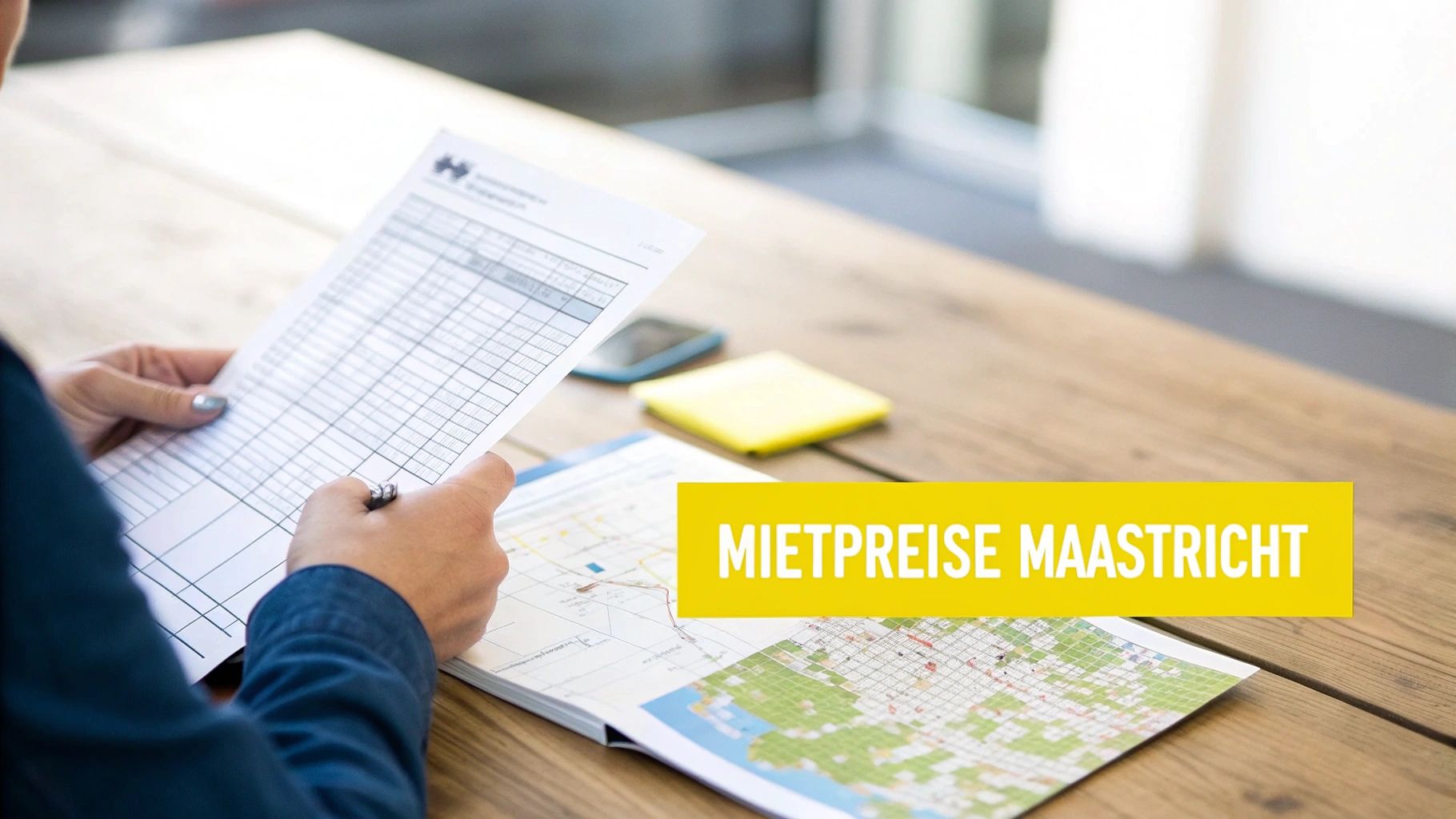 Person prüft Dokumente und eine Karte mit Mietpreisen für Wohnungen in Maastricht auf einem Holztisch.