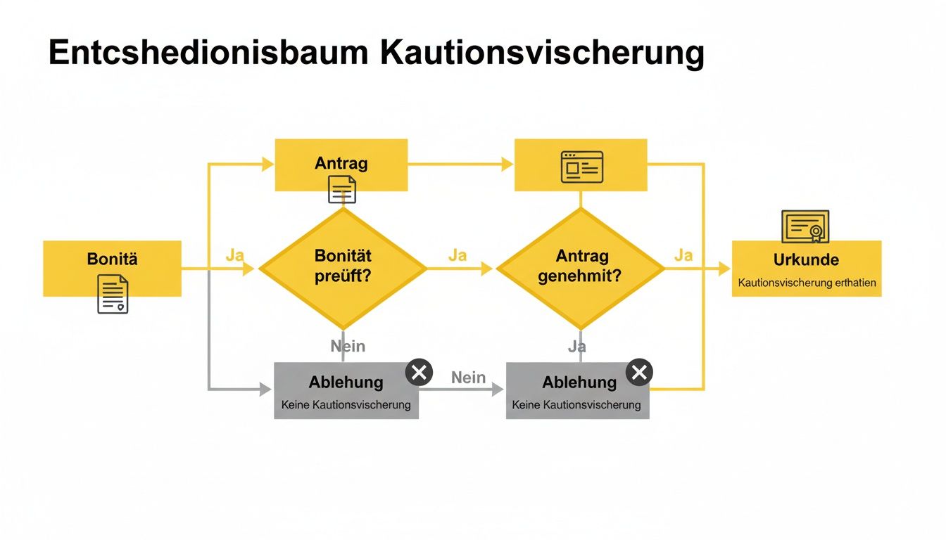 Flussdiagramm zum Entscheidungsprozess einer Kautionsversicherung, inklusive Bonitätsprüfung und Antragsgenehmigung.