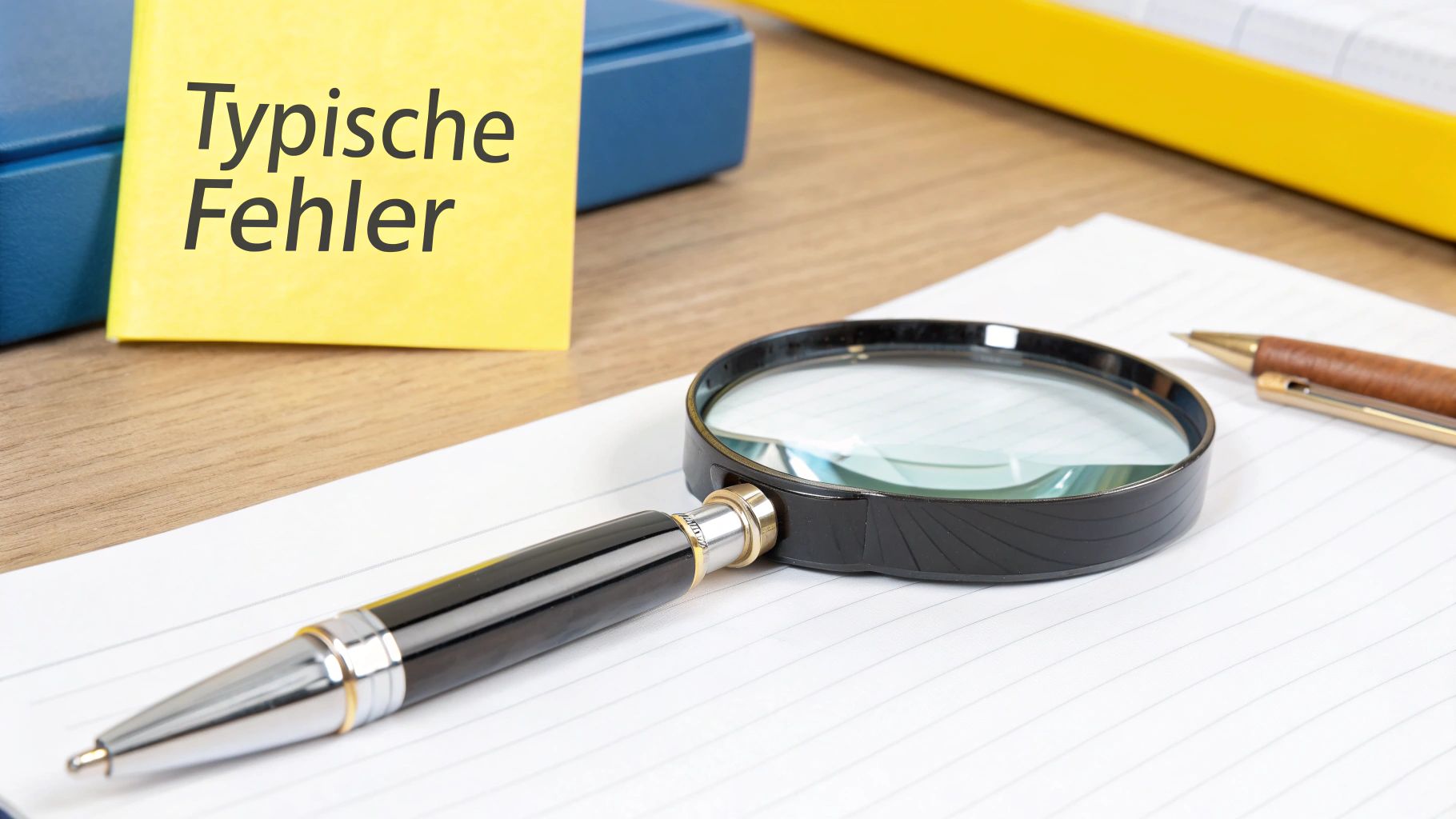 Nahaufnahme einer gelben Notiz mit 'Typische Fehler', einer Lupe, einem Stift und Papier auf einem Schreibtisch.