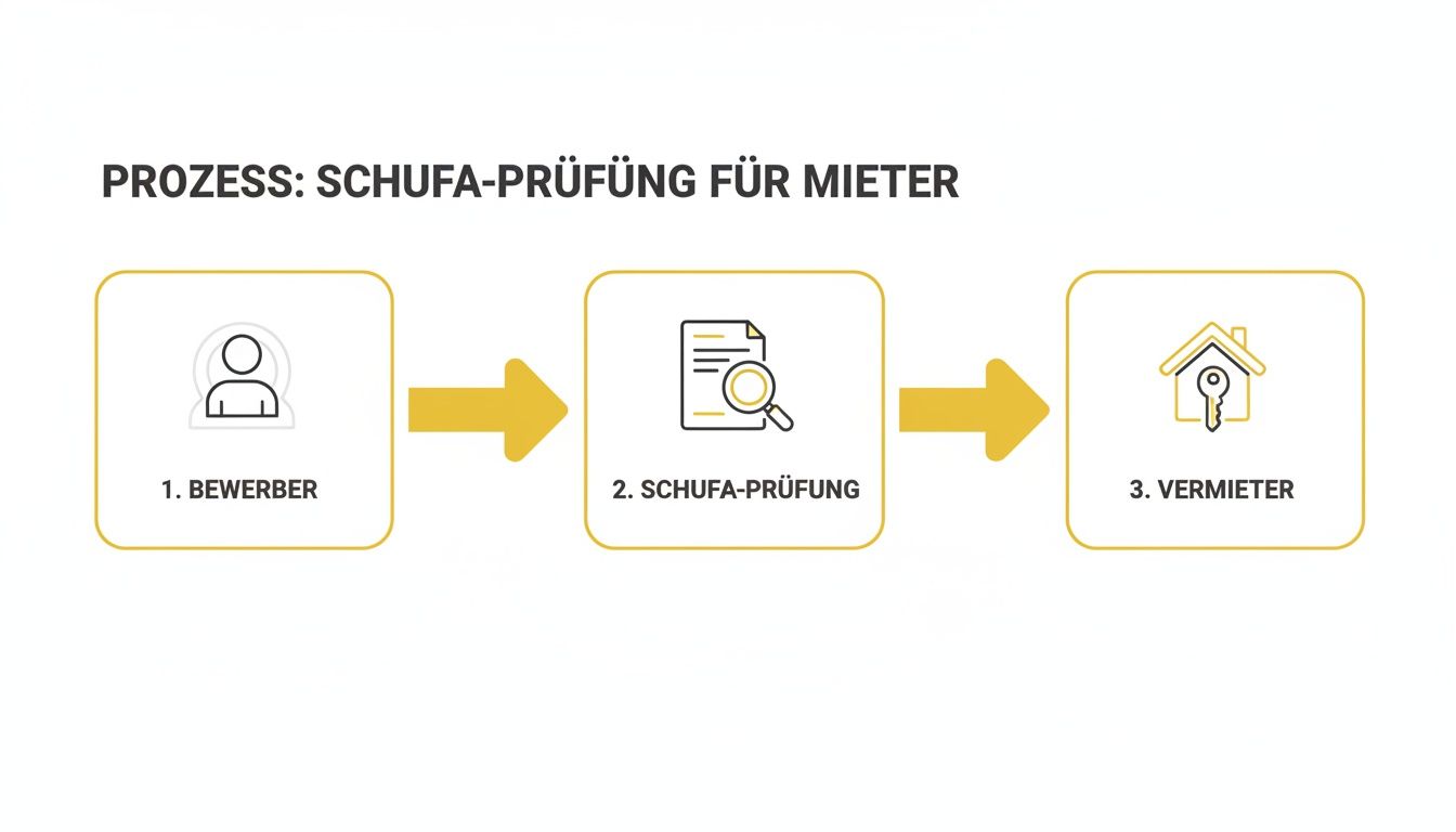 Visualisierung des SCHUFA-Prüfungsprozesses für Mieter: Bewerber, SCHUFA-Prüfung und Vermieter.
