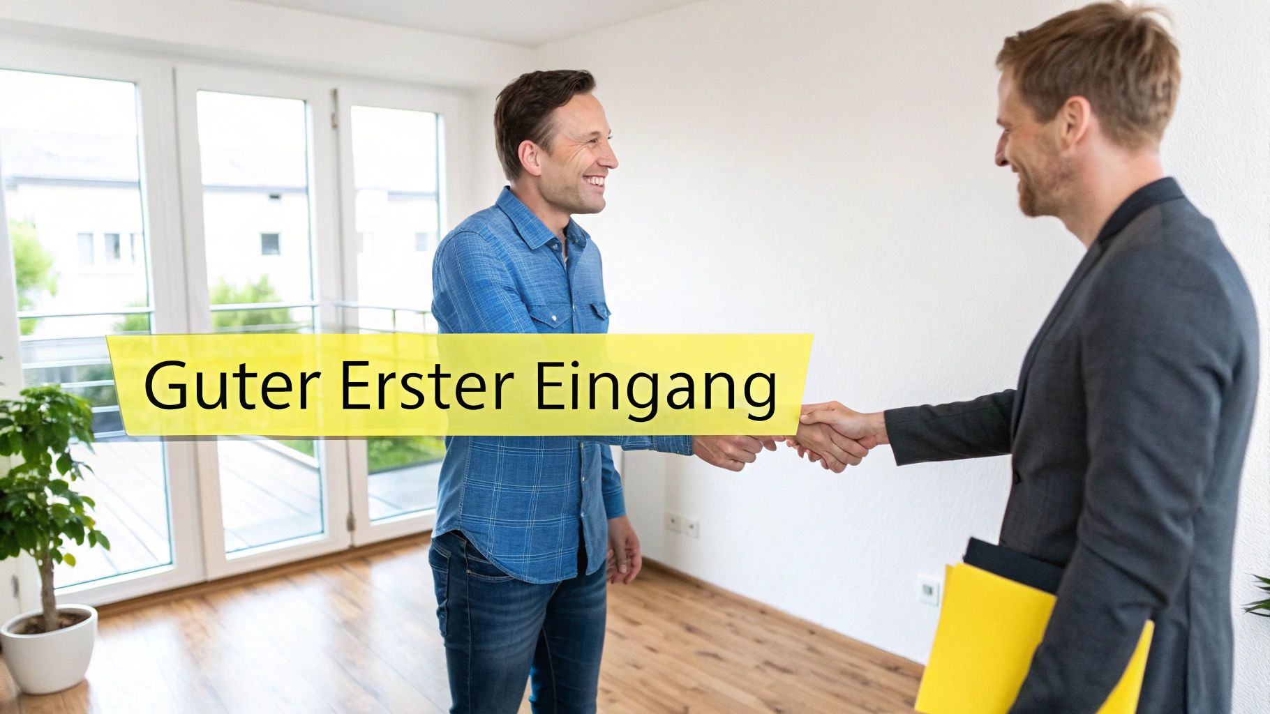 Zwei lächelnde Männer schütteln sich die Hände in einem hellen, leeren Raum mit einem gelben Banner.