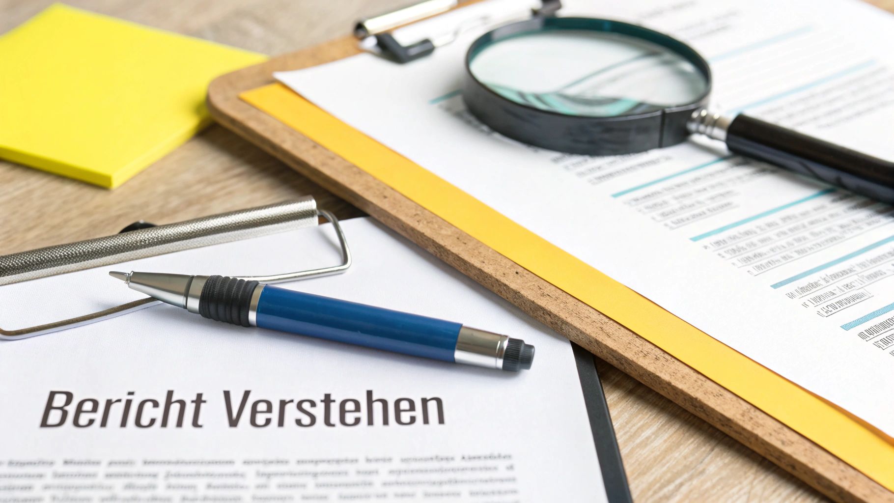 Person prüft Dokumente am Schreibtisch