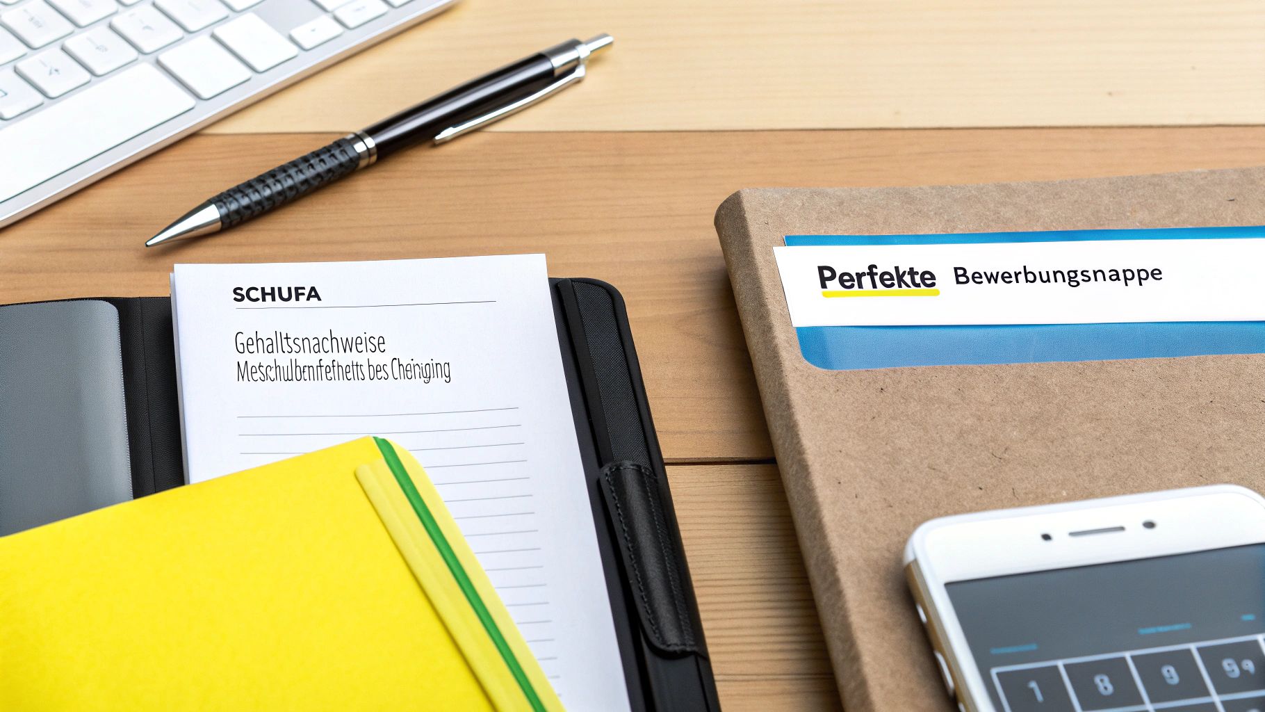 Schreibtisch mit Dokumenten: SCHUFA-Auskunft, Gehaltsnachweise und Bewerbungsmappe für die Wohnungssuche.