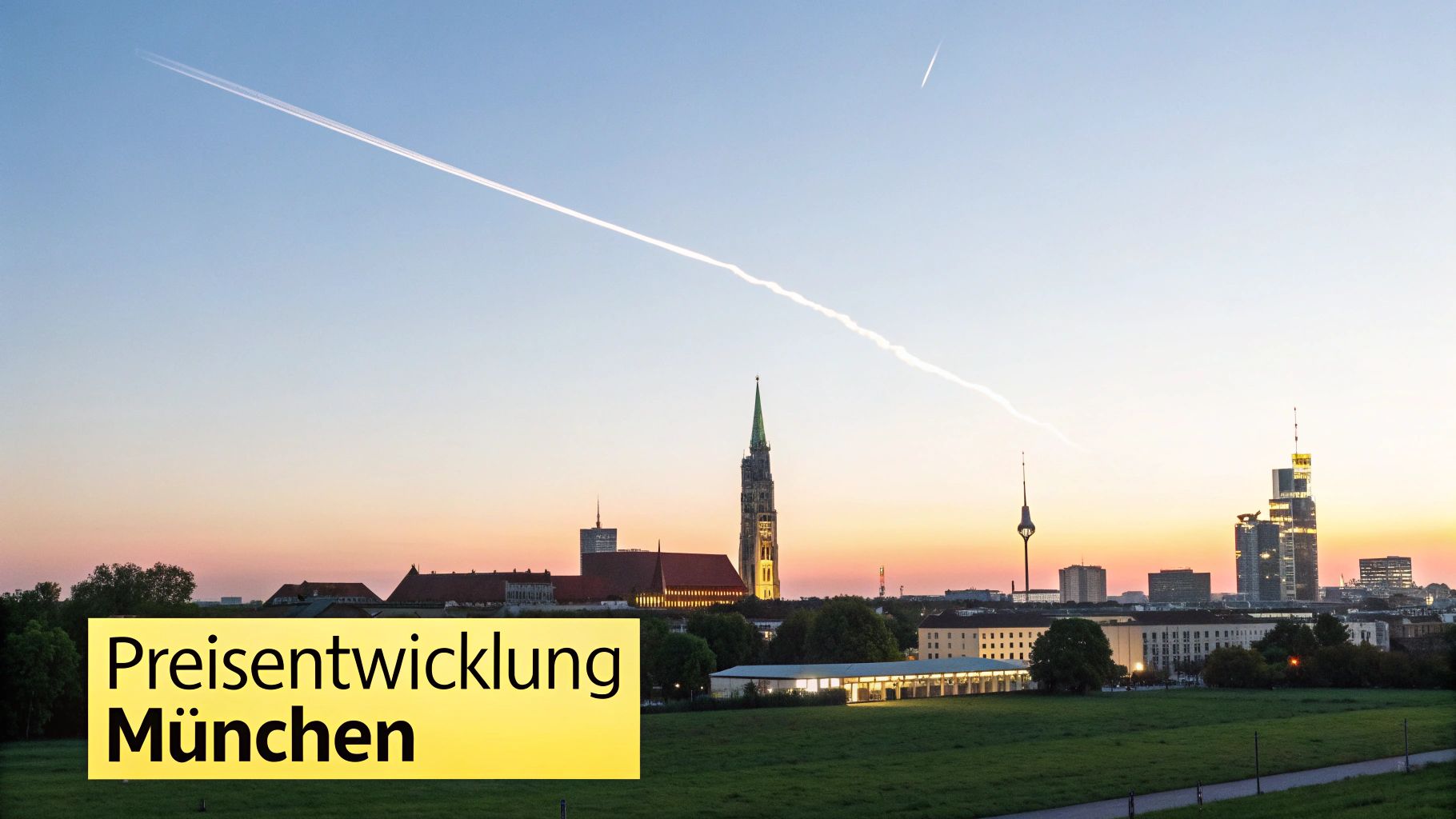 Abendliche Skyline von München mit Hochhäusern, einem Feld und einem Flugzeugkondensstreifen über der Stadt.