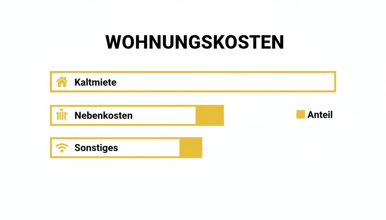 Diagramm zur Aufschlüsselung der Wohnungskosten in Kaltmiete, Nebenkosten und Sonstiges mit Anteilsbalken.