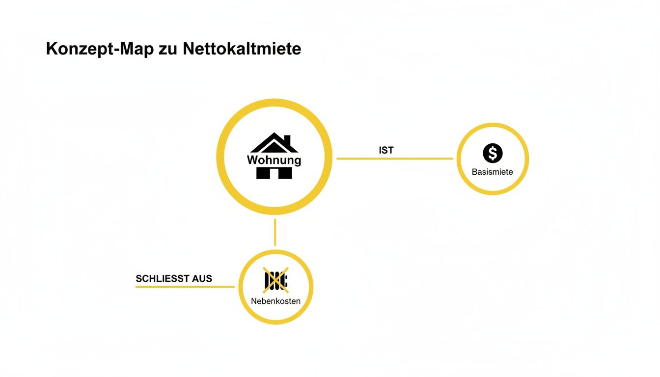 Konzept-Map zur Nettokaltmiete, die zeigt, dass eine Wohnung die Basismiete ist und Nebenkosten ausschließt.