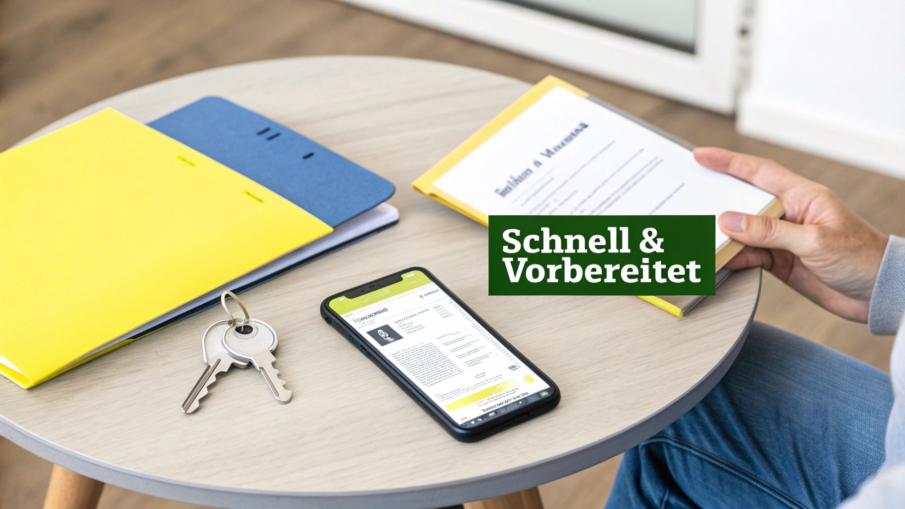 Nahaufnahme eines Tisches mit Dokumenten, Smartphone und Schlüsseln. Eine Hand hält einen Ordner. Text: Schnell & Vorbereitet.