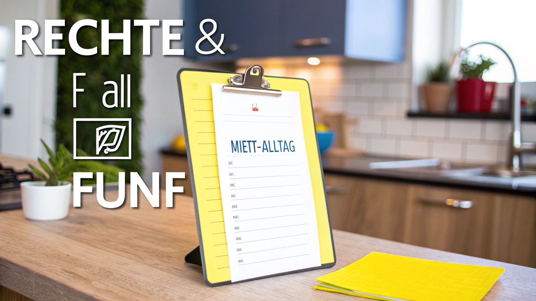 Clipboard mit Miett-Alltag Planungsliste auf Küchentisch neben Pflanze und gelben Notizen für Mieterwohnrecht
