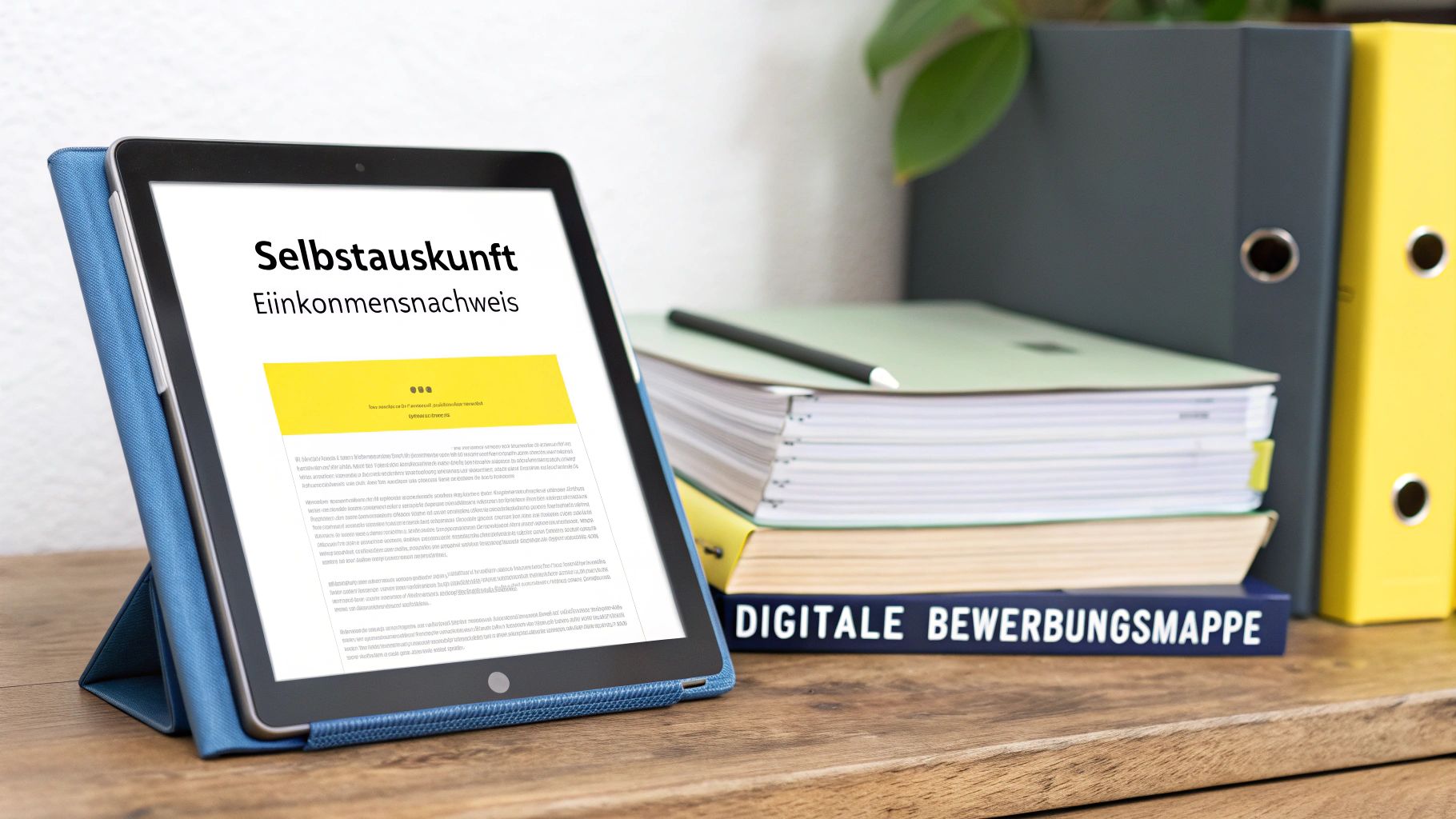 Tablet zeigt Selbstauskunft-Dokument für Einkommensnachweis neben Bewerbungsmappe und Ordnern auf Schreibtisch