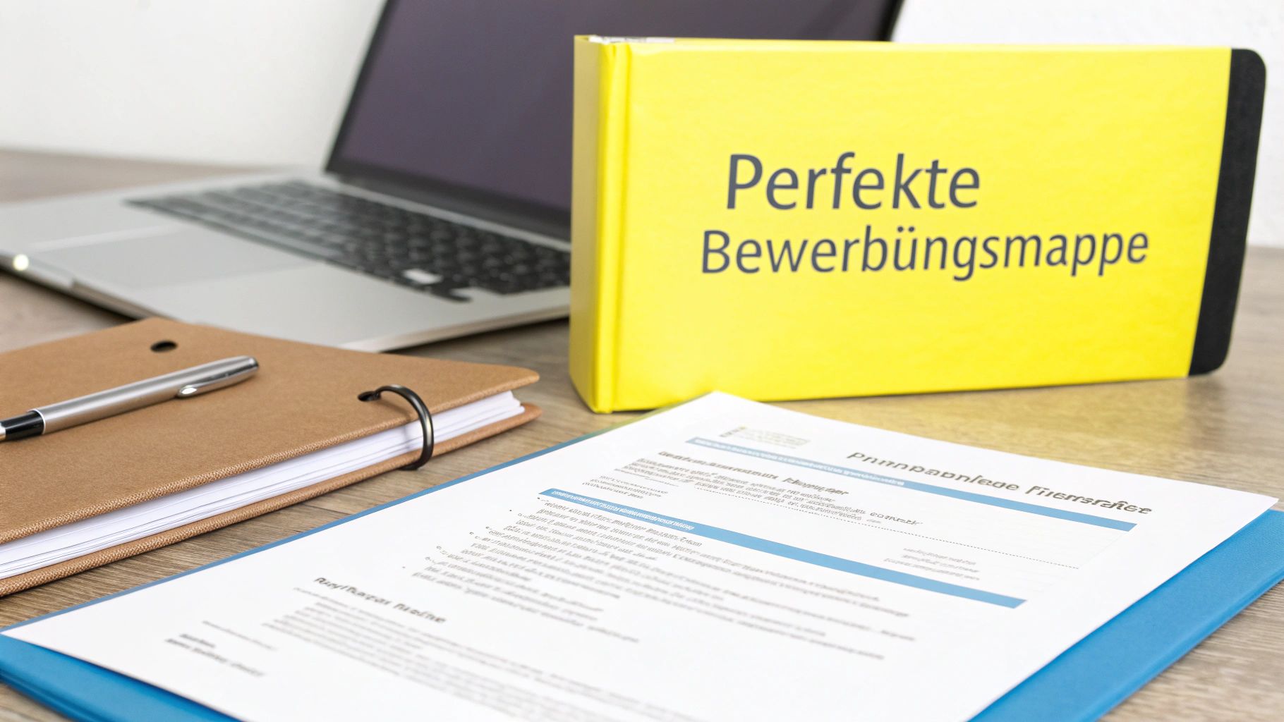 Schreibtisch mit Laptop, Notizbuch, Bewerbungsunterlagen und einem gelben Ordner mit der Aufschrift 'Perfekte Bewerbungsmappe'.